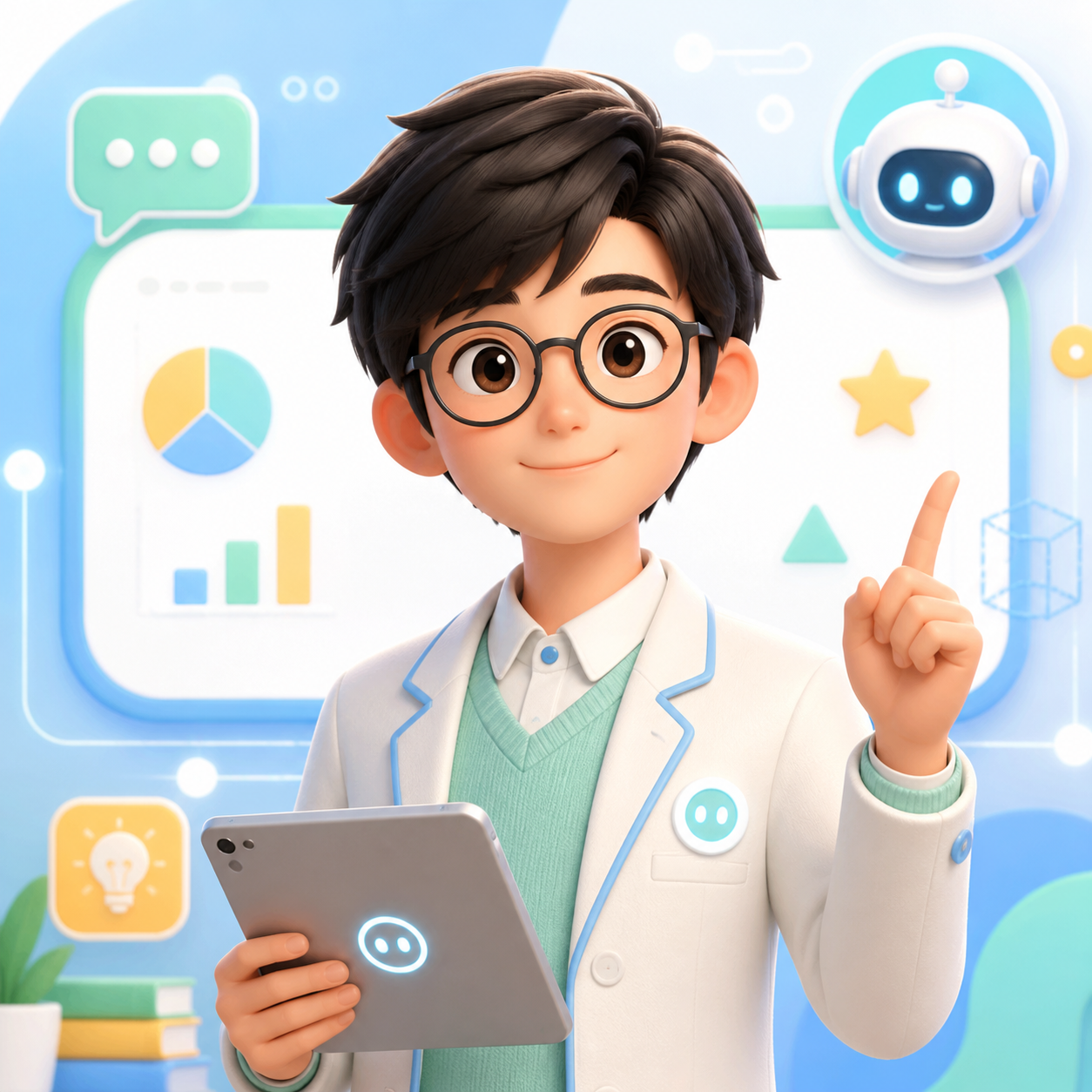 タブレットを持って学習を案内するSN先生